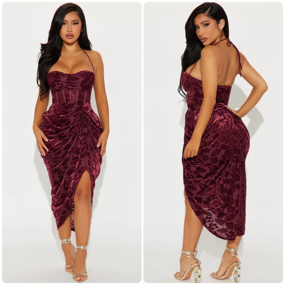 Fashion Nova Womens Honolulu Evenings Wine Burnout Velvet Corset Midi Dress S‎